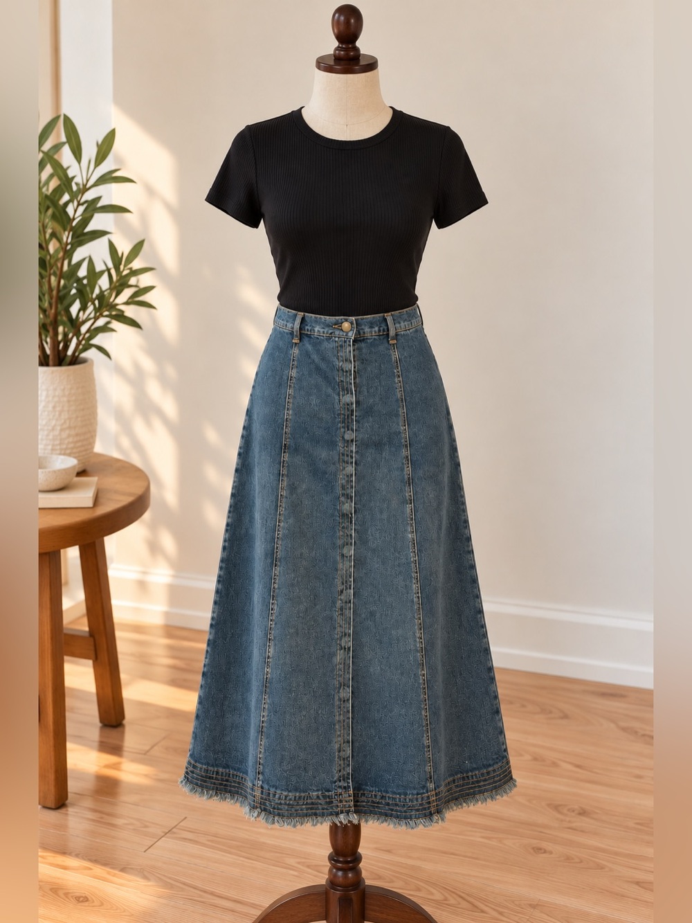 Y2K Tristan & Iseut Denim Maxi Skirt Size 10 A-Line Frayed Hem